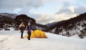 一對夫婦穿著雪鞋穿過大雪山（Snowy Mountains）斯瑞德伯（Thredbo）的死馬峽，經過他們的營地
