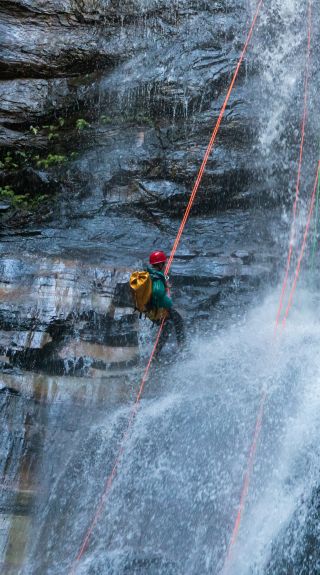 跟隨藍山冒險公司 (Blue Mountains Adventure Company)沿著皇后瀑布速降。圖片來源：戴爾馬丁
